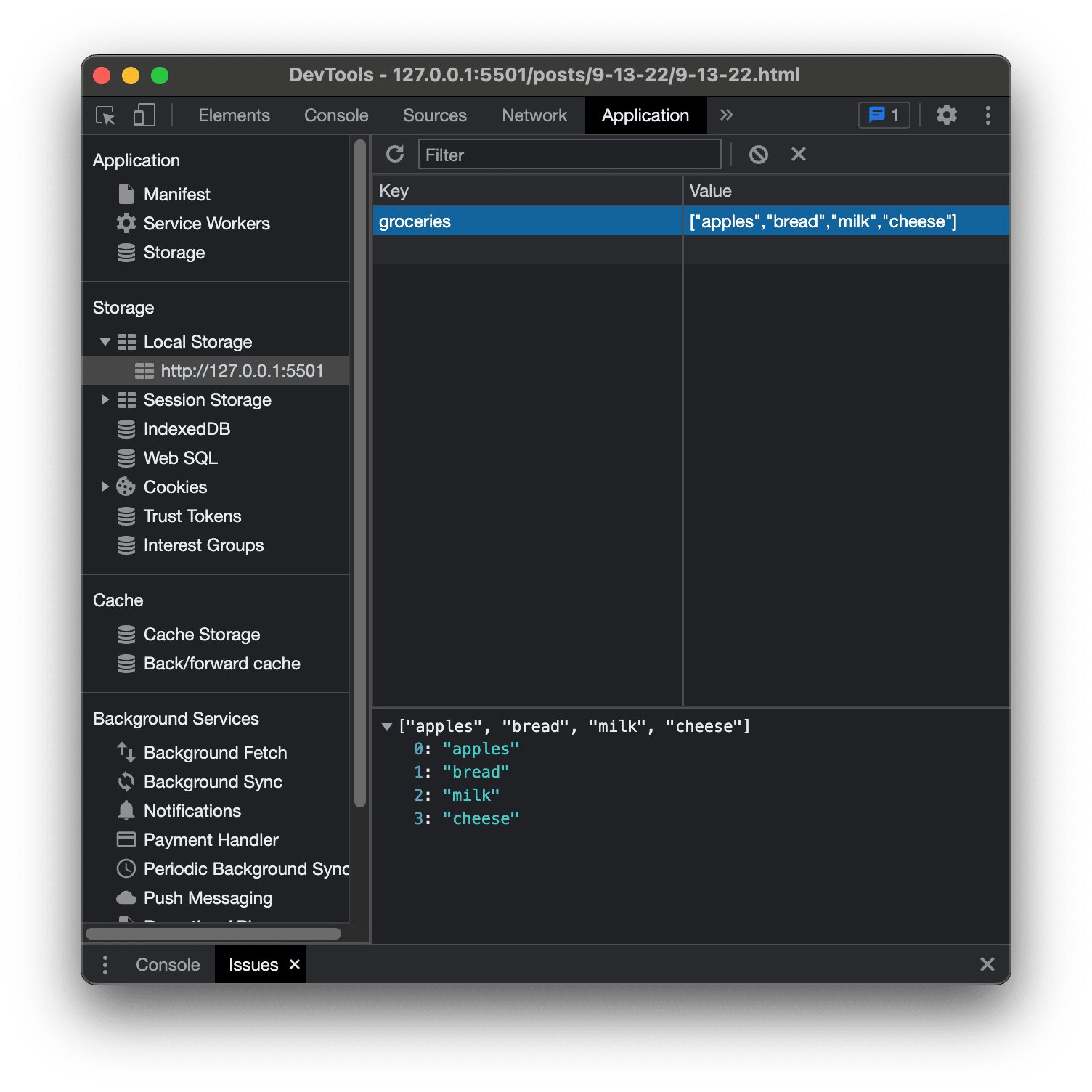 screenshot of stored array